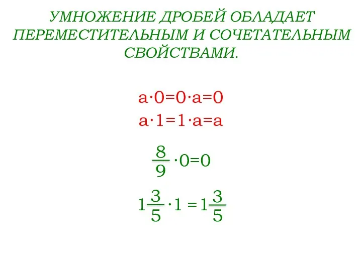 УМНОЖЕНИЕ ДРОБЕЙ ОБЛАДАЕТ ПЕРЕМЕСТИТЕЛЬНЫМ И СОЧЕТАТЕЛЬНЫМ СВОЙСТВАМИ. a∙0=0∙a=0 a∙1=1∙a=a ∙0=0