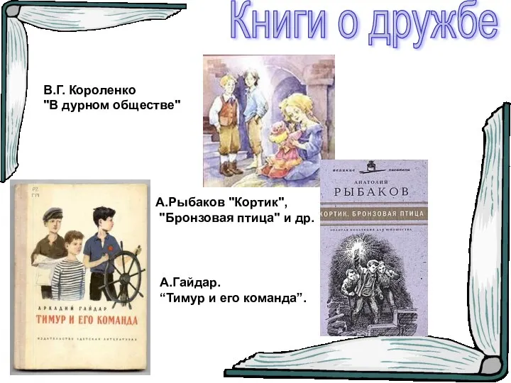 Книги о дружбе В.Г. Короленко "В дурном обществе" А.Рыбаков "Кортик", "Бронзовая птица" и