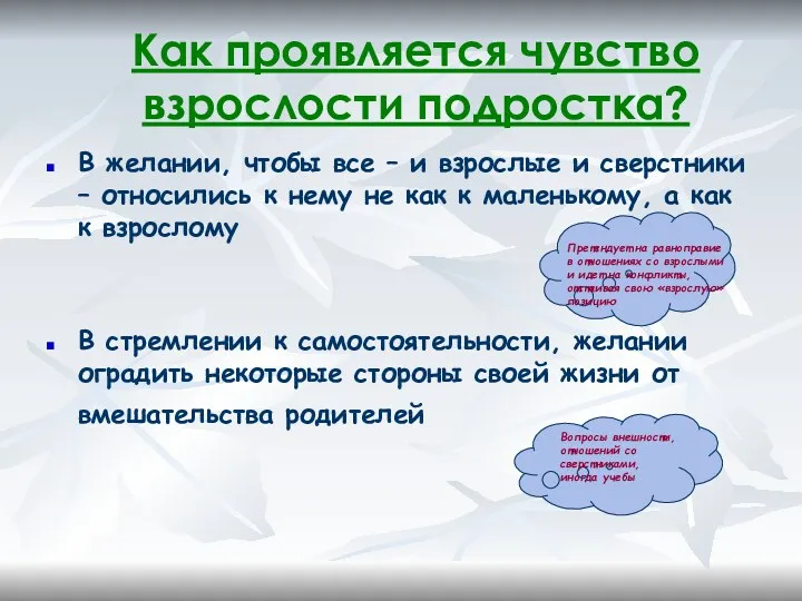 Как проявляется чувство взрослости подростка? В желании, чтобы все –