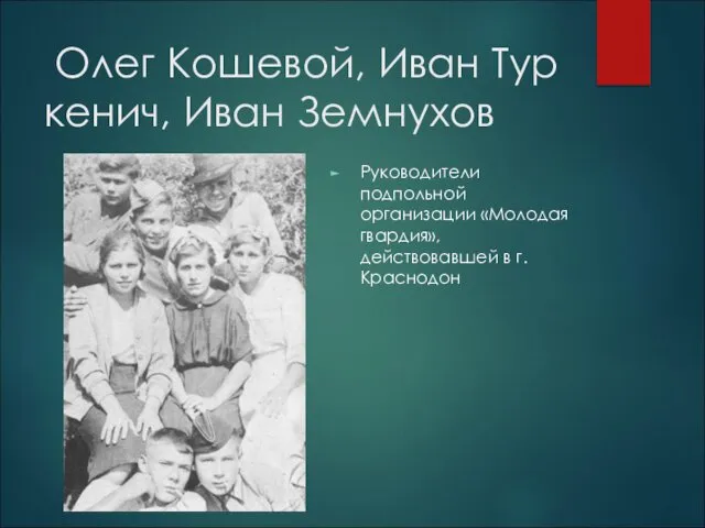 Олег Ко­ше­вой, Иван Тур­ке­нич, Иван Зем­ну­хов Руководители подпольной организации «Молодая гвардия», действовавшей в г. Краснодон