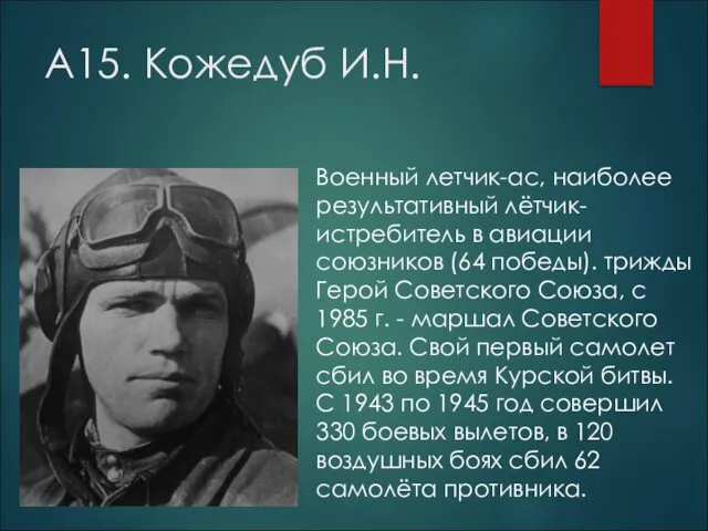 А15. Кожедуб И.Н. Военный летчик-ас, наиболее результативный лётчик-истребитель в авиации