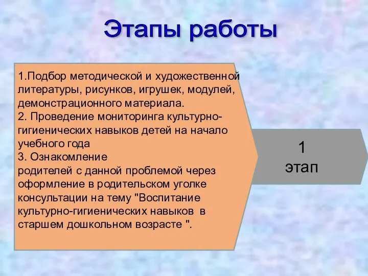 Этапы работы 1 этап 1.Подбор методической и художественной литературы, рисунков,