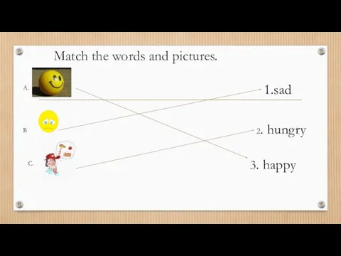 Match the words and pictures. A. B C. 3. happy 1.sad 2. hungry
