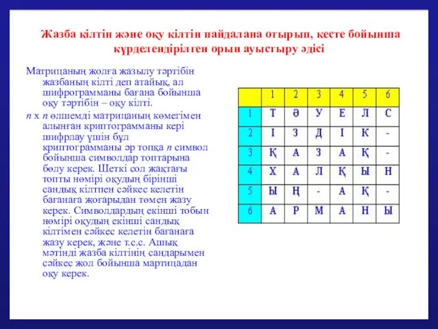 Жазба кілтін және оқу кілтін пайдалана отырып, кесте бойынша күрделендірілген