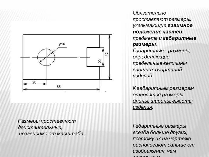 Размеры проставляют действительные, независимо от масштаба. Обязательно проставляют размеры, указывающие