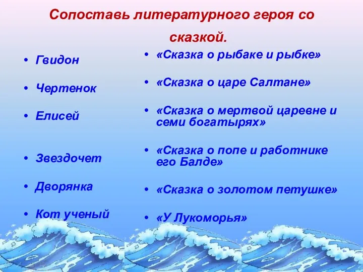 Сопоставь литературного героя со сказкой. Гвидон Чертенок Елисей Звездочет Дворянка