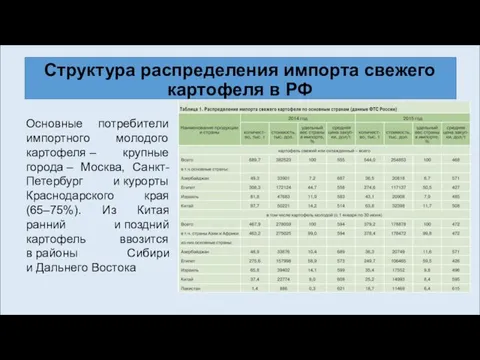 Структура распределения импорта свежего картофеля в РФ Основные потребители импортного молодого картофеля –