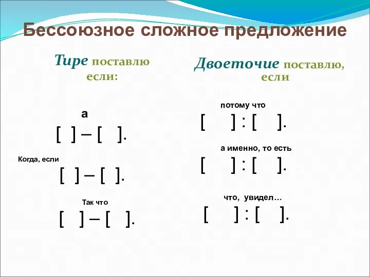 Бессоюзное сложное предложение Тире поставлю если: Двоеточие поставлю, если а