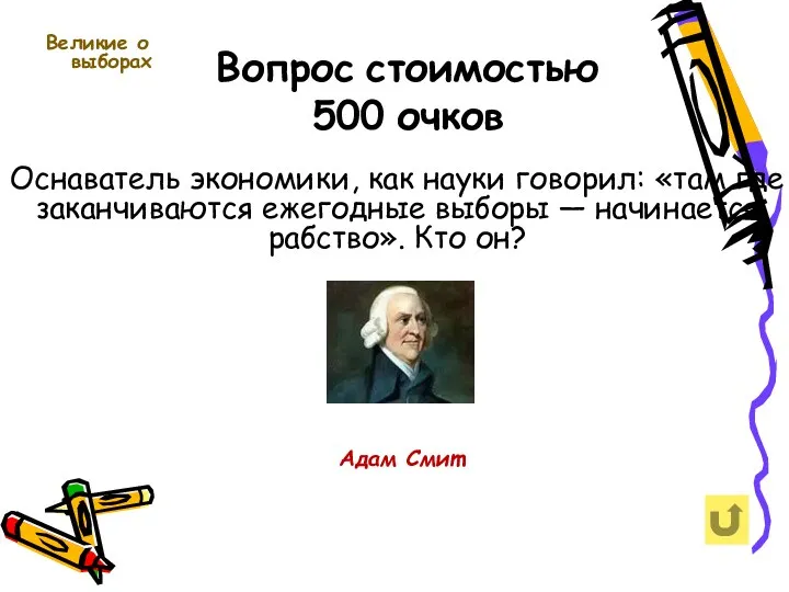 Вопрос стоимостью 500 очков Великие о выборах Адам Смит Оснаватель экономики, как науки
