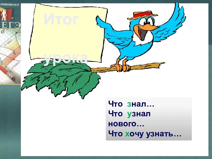 Итог урока Что знал… Что узнал нового… Что хочу узнать…