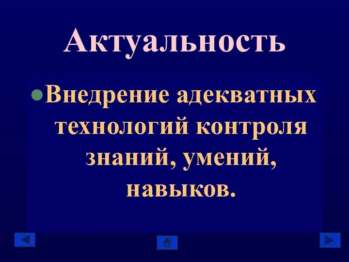 Актуальность Внедрение адекватных технологий контроля знаний, умений, навыков.