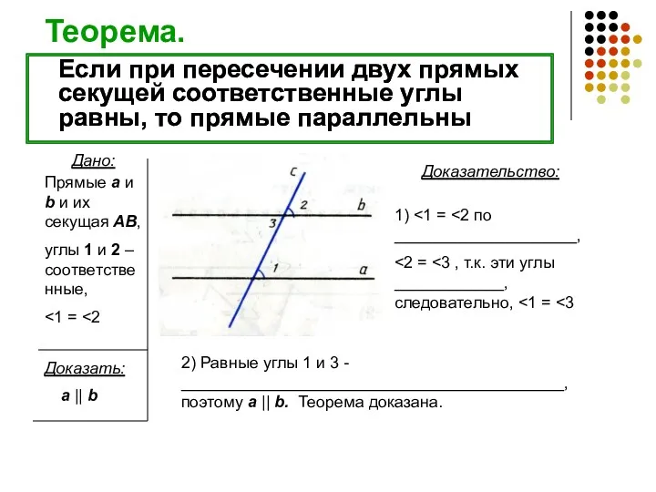 Если при пересечении двух прямых секущей соответственные углы равны, то