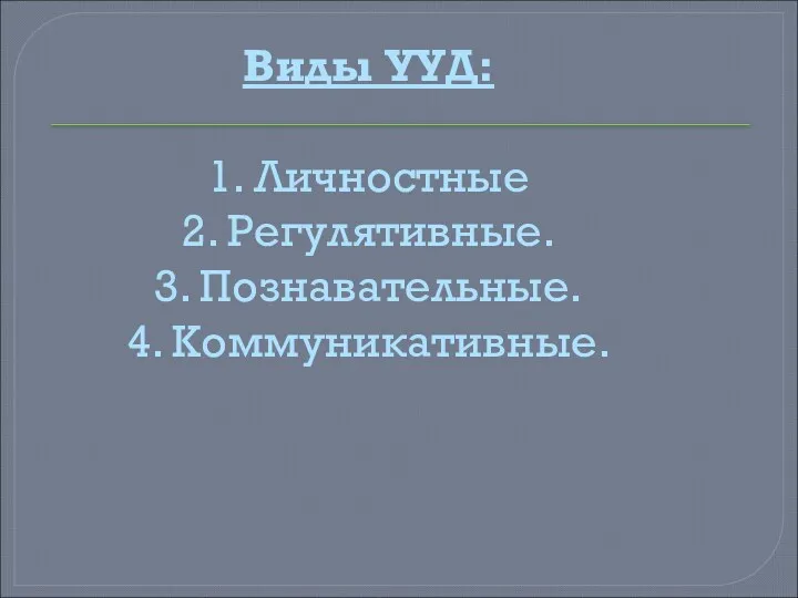 Виды УУД: 1. Личностные 2. Регулятивные. 3. Познавательные. 4. Коммуникативные.