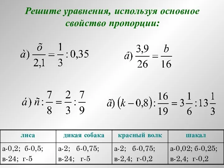 Решите уравнения, используя основное свойство пропорции: