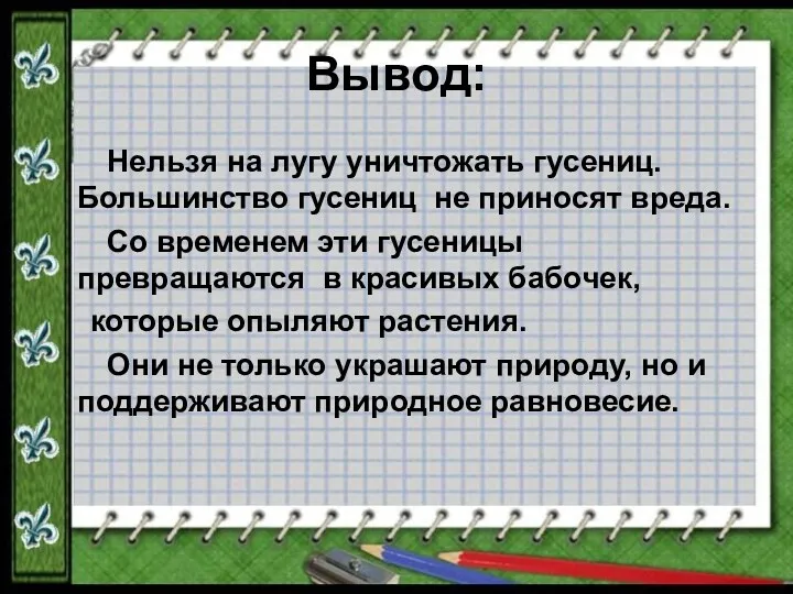 Вывод: Нельзя на лугу уничтожать гусениц. Большинство гусениц не приносят