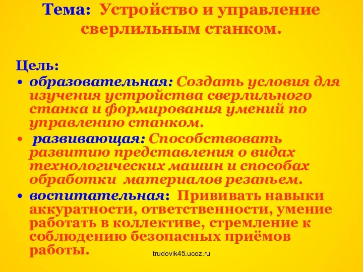 trudovik45.ucoz.ru Тема: Устройство и управление сверлильным станком. Цель: образовательная: Создать