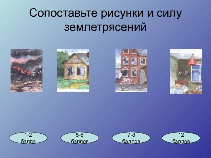 Сопоставьте рисунки и силу землетрясений 1-2 балла 5-6 баллов 7-8 баллов 12 баллов