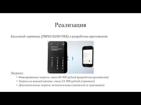 Реализация Кассовый терминал (INPAS D200 PAX) и разработка приложения Затраты: