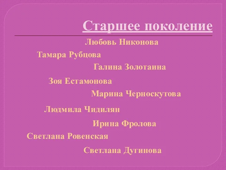 Старшее поколение Любовь Никонова Тамара Рубцова Галина Золотаина Зоя Естамонова