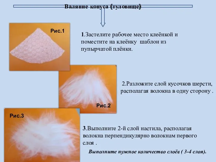 2.Разложите слой кусочков шерсти, располагая волокна в одну сторону .