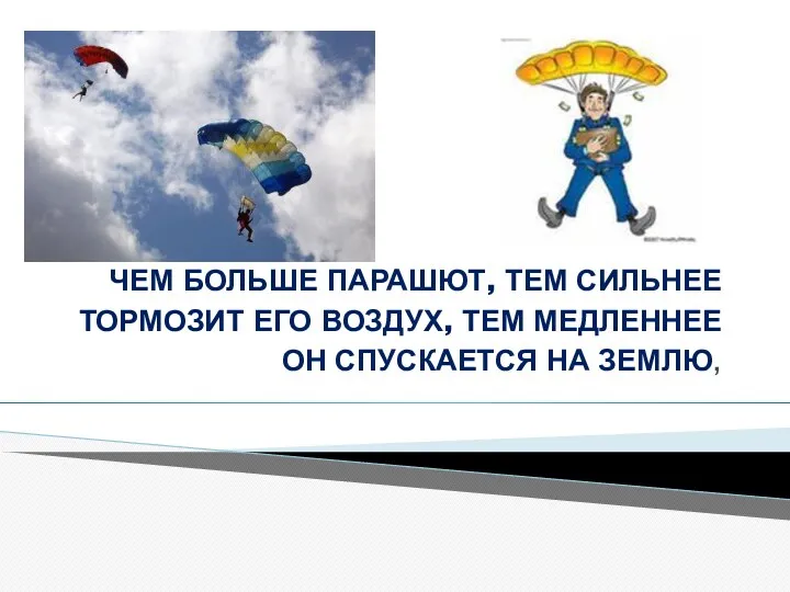 ЧЕМ БОЛЬШЕ ПАРАШЮТ, ТЕМ СИЛЬНЕЕ ТОРМОЗИТ ЕГО ВОЗДУХ, ТЕМ МЕДЛЕННЕЕ ОН СПУСКАЕТСЯ НА ЗЕМЛЮ,