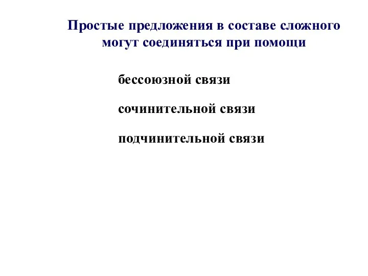 Простые предложения в составе сложного могут соединяться при помощи бессоюзной связи сочинительной связи подчинительной связи