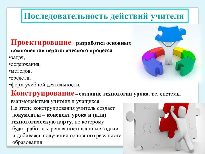 Последовательность действий учителя Проектирование – разработка основных компонентов педагогического процесса: