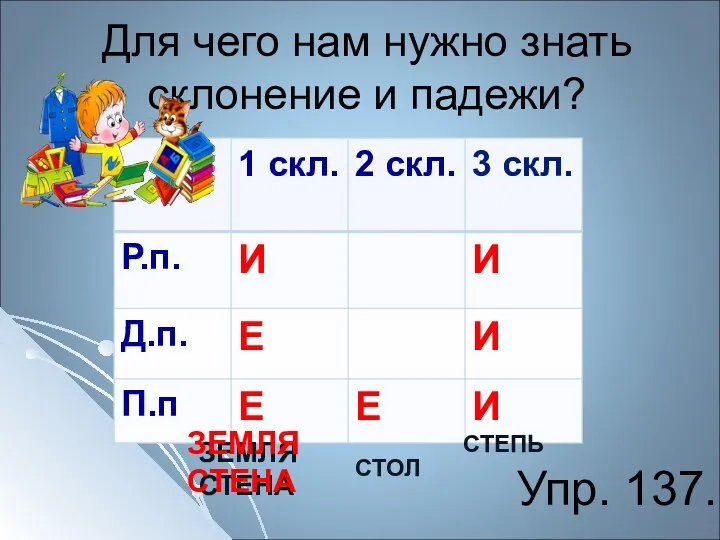 Для чего нам нужно знать склонение и падежи? ЗЕМЛЯ СТЕНА СТОЛ СТЕПЬ ЗЕМЛЯ СТЕНА Упр. 137.