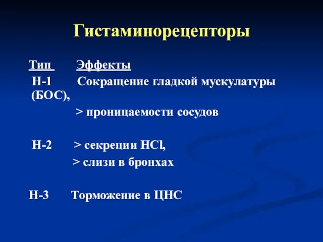 Гистаминорецепторы Тип Эффекты Н-1 Сокращение гладкой мускулатуры (БОС), > проницаемости