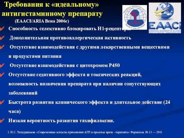 Требования к «идеальному» антигистаминному препарату Способность селективно блокировать H1-рецепторы Дополнительная