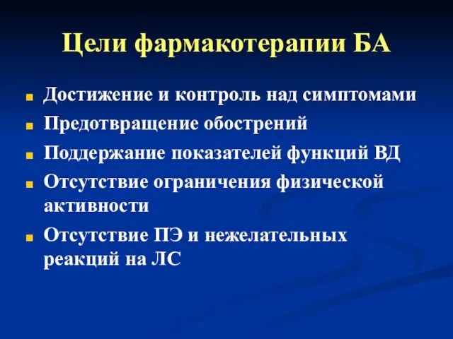 Цели фармакотерапии БА Достижение и контроль над симптомами Предотвращение обострений