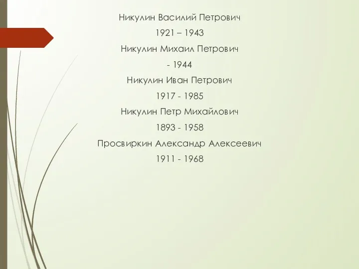 Никулин Василий Петрович 1921 – 1943 Никулин Михаил Петрович -