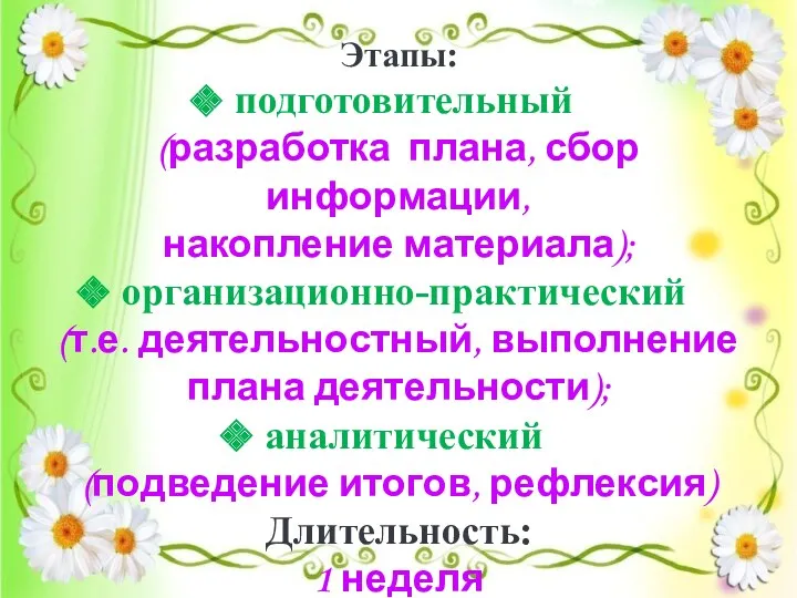 Этапы: подготовительный (разработка плана, сбор информации, накопление материала); организационно-практический (т.е.