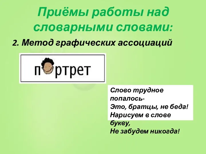 Приёмы работы над словарными словами: 2. Метод графических ассоциаций Слово