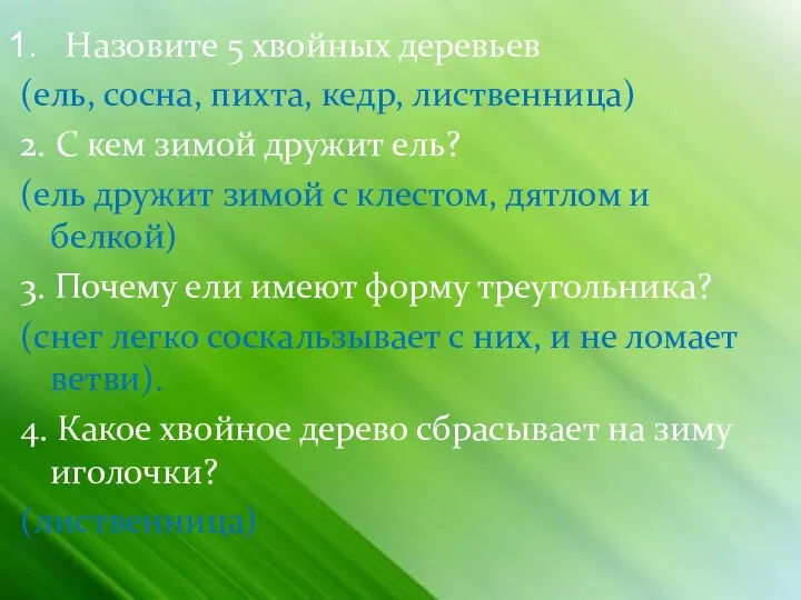 Назовите 5 хвойных деревьев (ель, сосна, пихта, кедр, лиственница) 2.