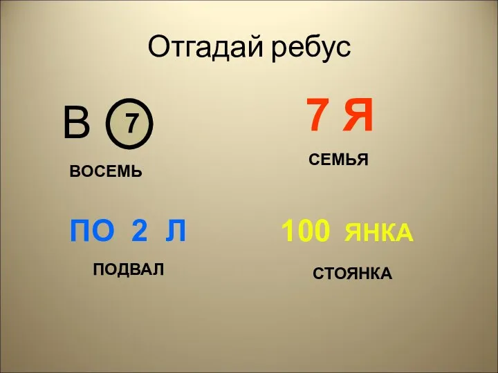 Отгадай ребус В 7 7 Я ПО 2 Л 100 ЯНКА ВОСЕМЬ СЕМЬЯ ПОДВАЛ СТОЯНКА