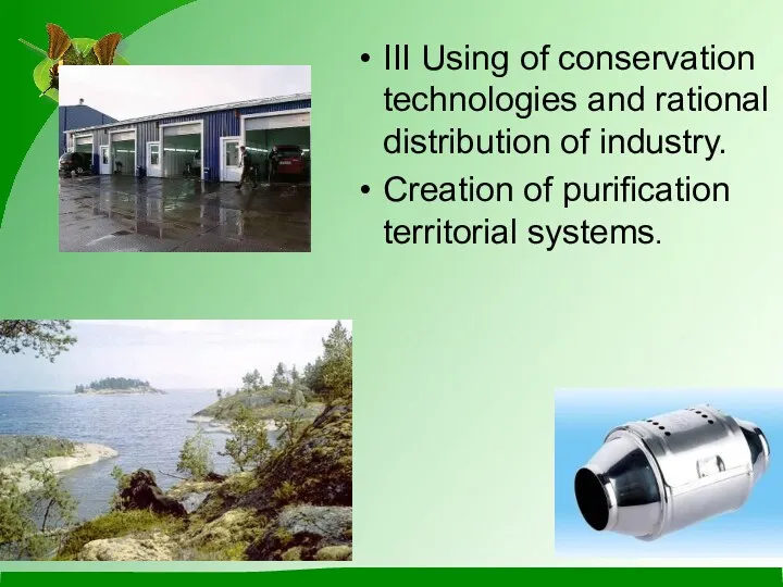 III Using of conservation technologies and rational distribution of industry. Creation of purification territorial systems.