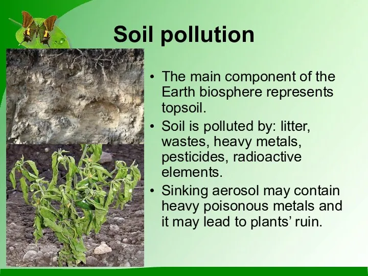 Soil pollution The main component of the Earth biosphere represents