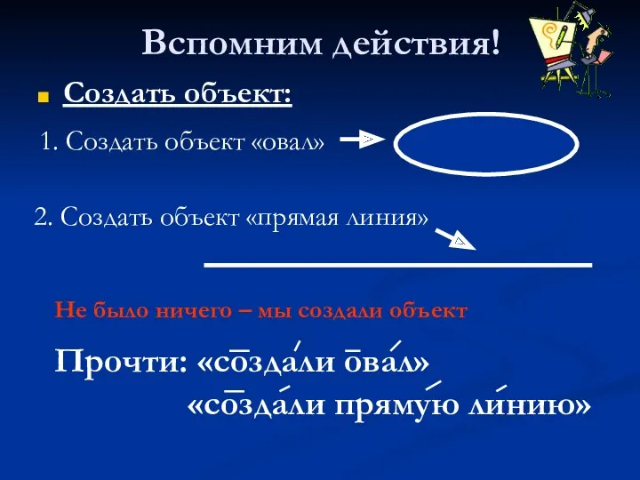 Вспомним действия! Создать объект: 1. Создать объект «овал» 2. Создать