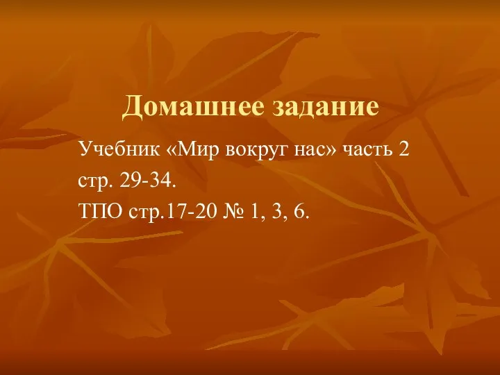 Домашнее задание Учебник «Мир вокруг нас» часть 2 стр. 29-34. ТПО стр.17-20 № 1, 3, 6.