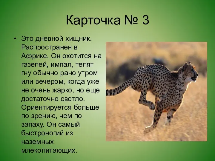 Карточка № 3 Это дневной хищник. Распространен в Африке. Он