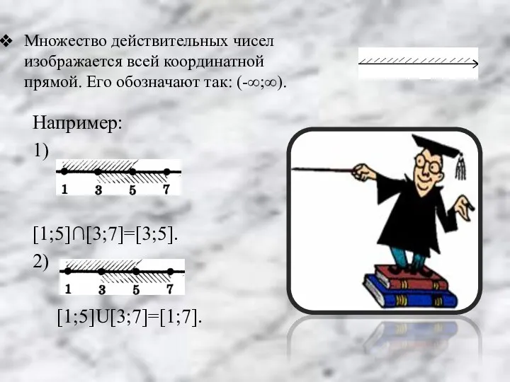 Множество действительных чисел изображается всей координатной прямой. Его обозначают так: (-∞;∞). Например: 1) [1;5]∩[3;7]=[3;5]. 2) [1;5]U[3;7]=[1;7].