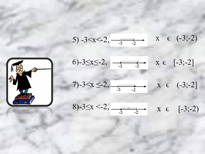 5) -3 6)-3≤х≤-2, 7)-3 8)-3≤х х э (-3;-2) х э