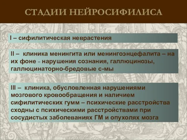 СТАДИИ НЕЙРОСИФИЛИСА I – сифилитическая неврастения III – клиника, обусловленная нарушениями мозгового кровообращения