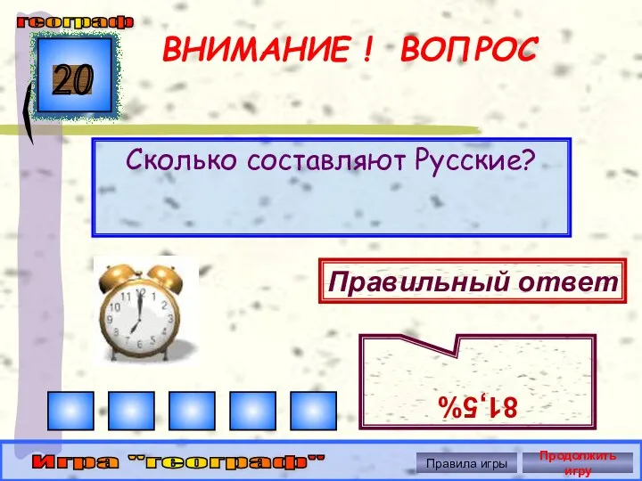 ВНИМАНИЕ ! ВОПРОС Сколько составляют Русские? 20 Правильный ответ 81,5% географ Игра "географ"