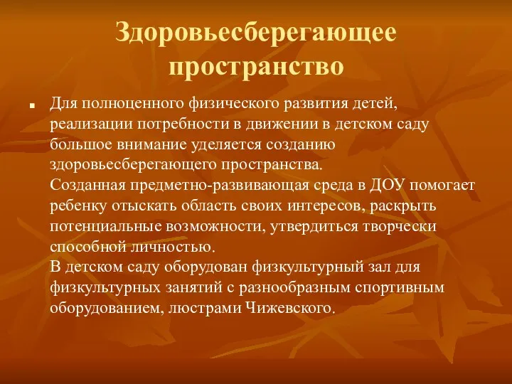 Здоровьесберегающее пространство Для полноценного физического развития детей, реализации потребности в