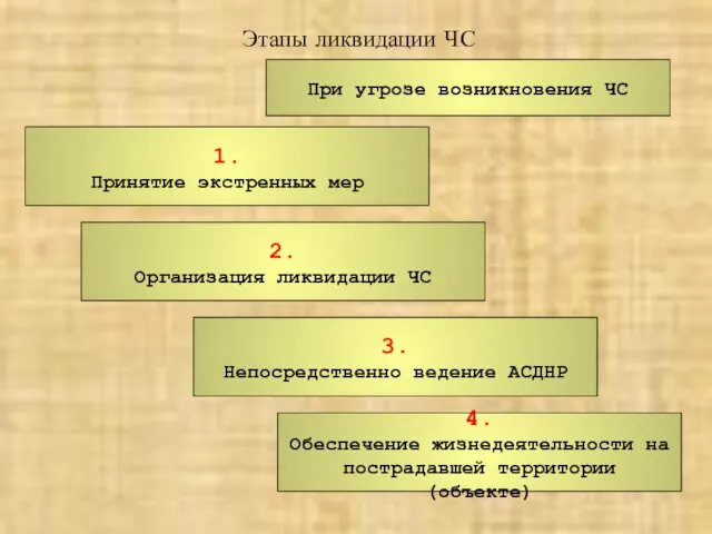 Этапы ликвидации ЧС 1. Принятие экстренных мер 2. Организация ликвидации