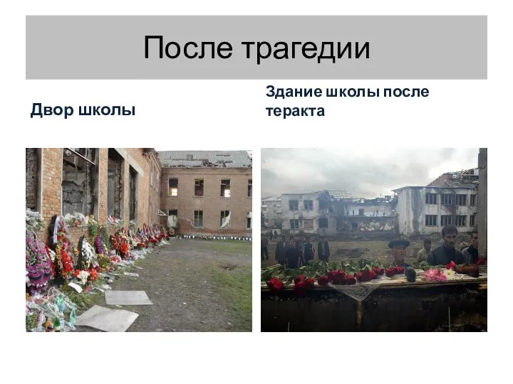 После трагедии Двор школы Здание школы после теракта