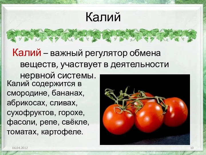 Калий Калий – важный регулятор обмена веществ, участвует в деятельности