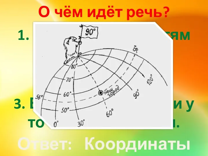 Ответ: Координаты О чём идёт речь? 1. Их не хватало детям капитана Гранта.